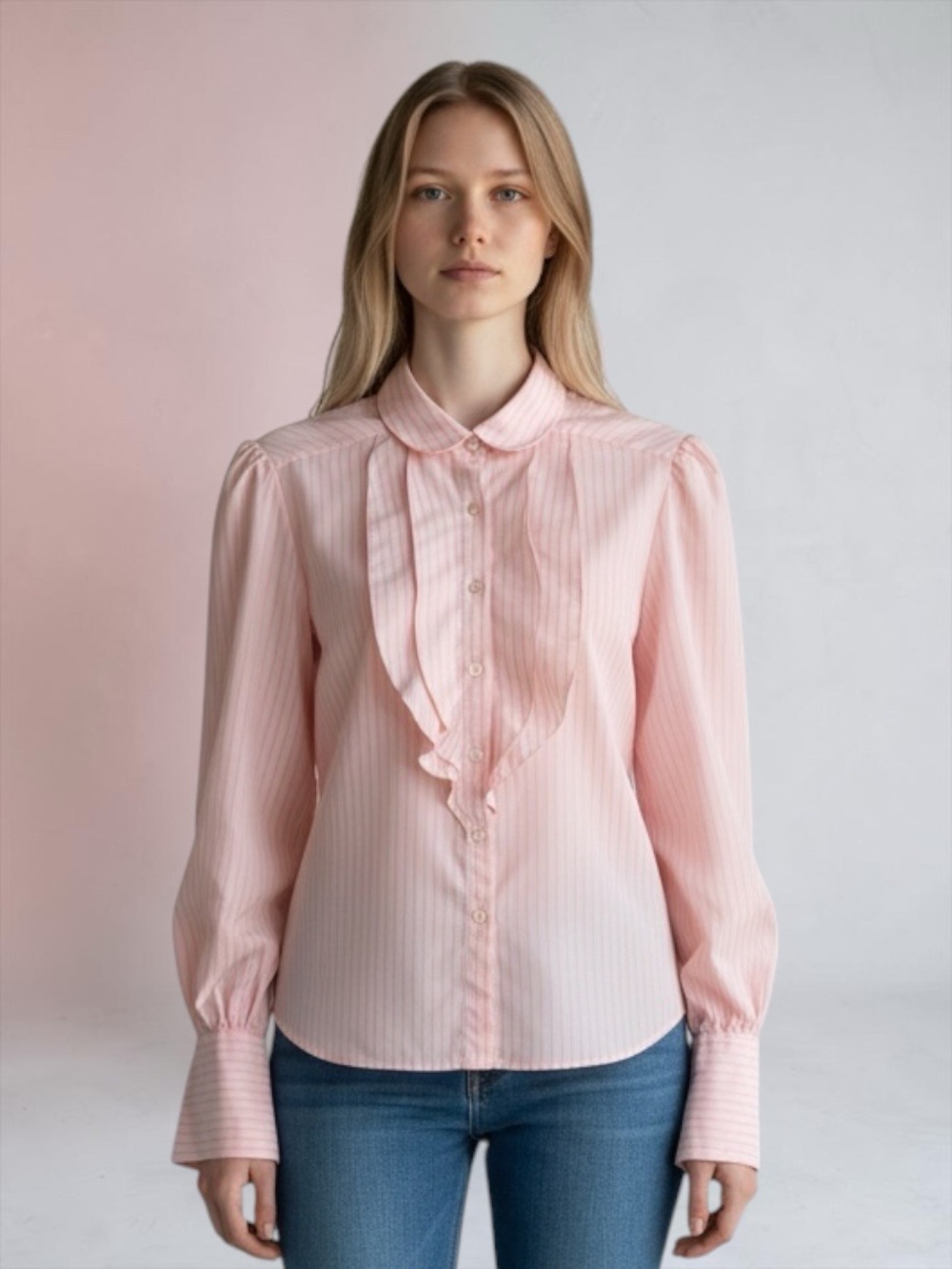 Vintage Lady Manhattan Striped Ruffle Trim Blouse Pink White Size 12 Cottage
